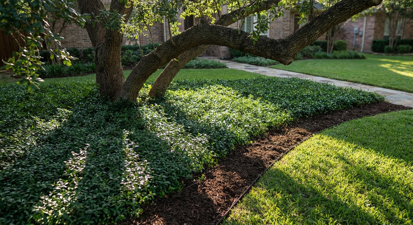 Asian jasmine ground cover under oak tree with clean mulch border in Dallas yard