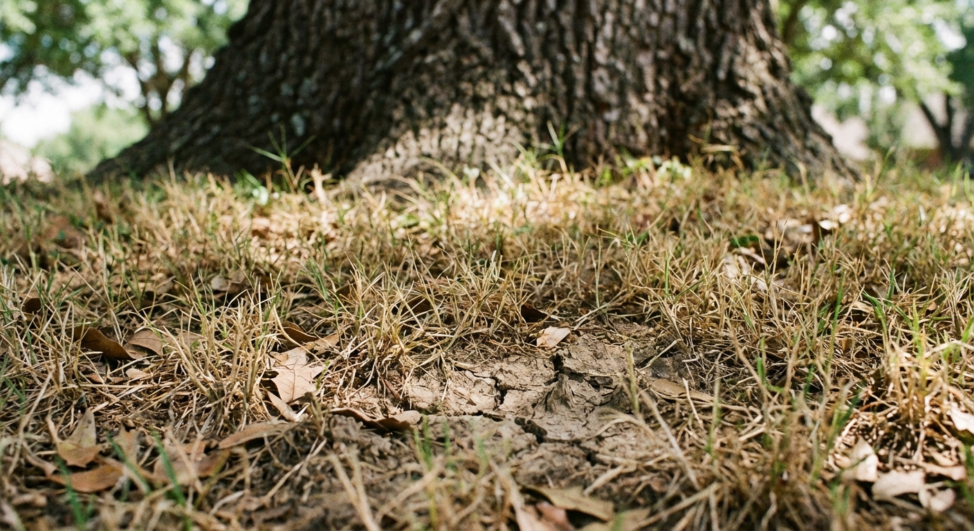 Best grass for Texas shade struggle — dead turf and exposed soil under a mature live oak tree