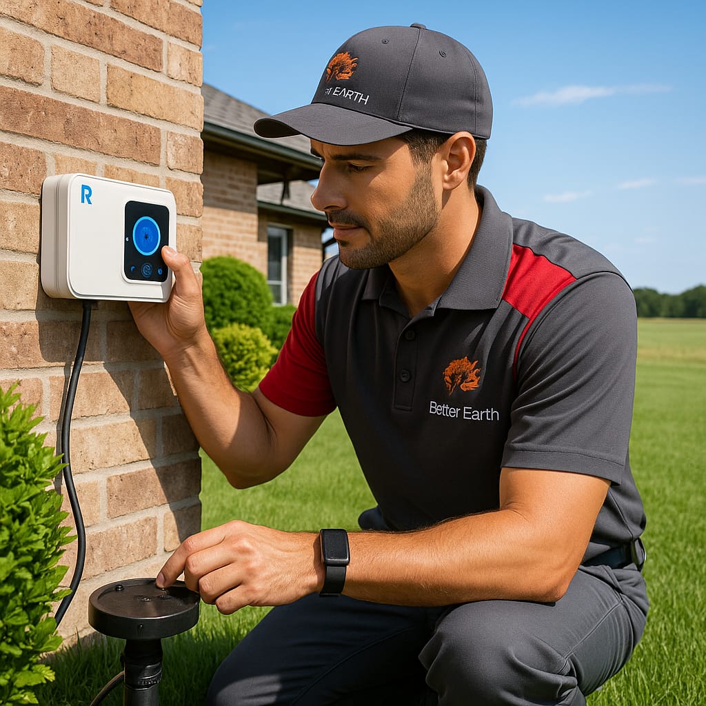 Better Earth Solutions technician installing a Rachio smart irrigation controller