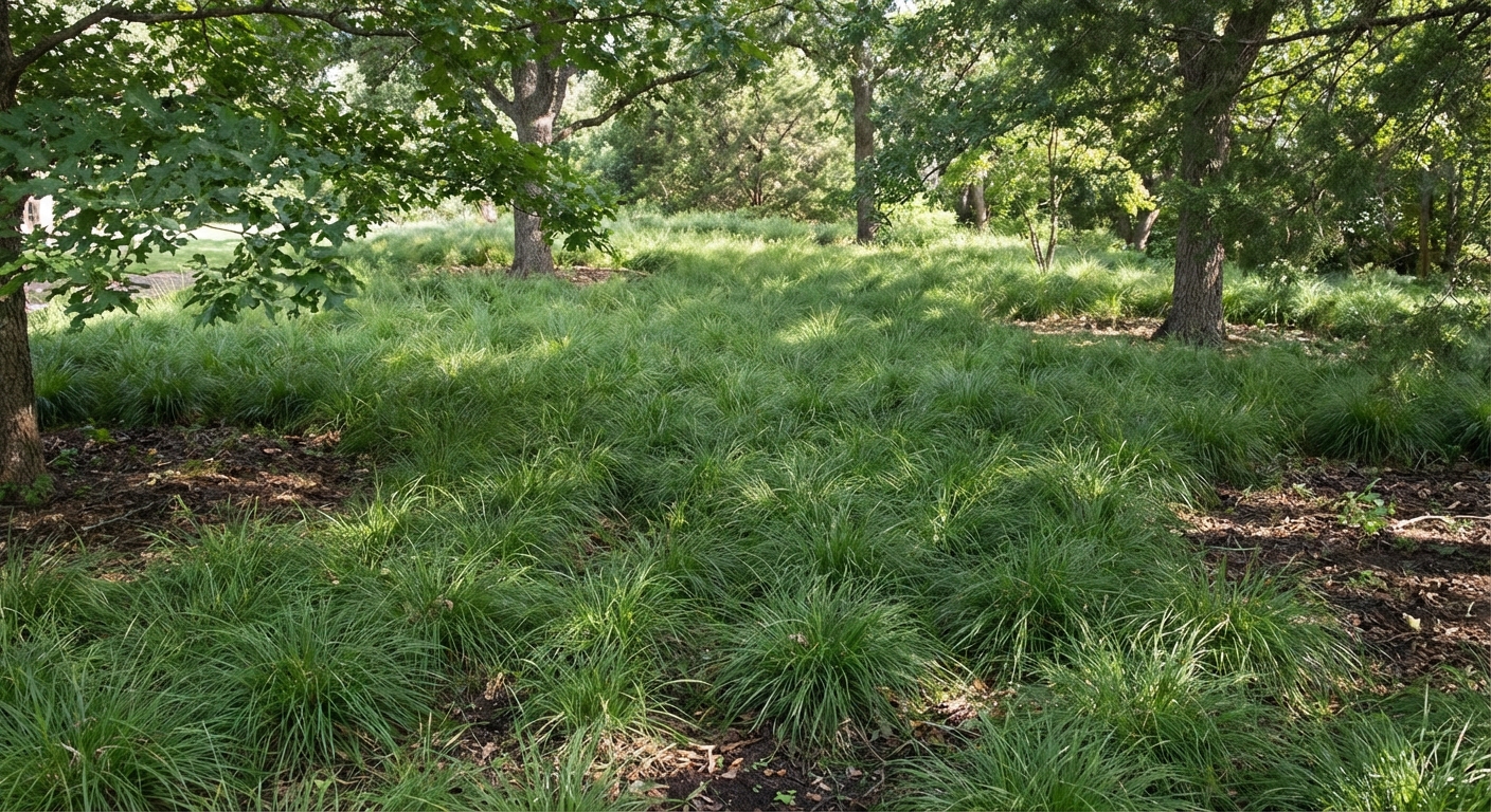 Cedar sedge ground cover under oak tree — natural grass alternative for Texas shade