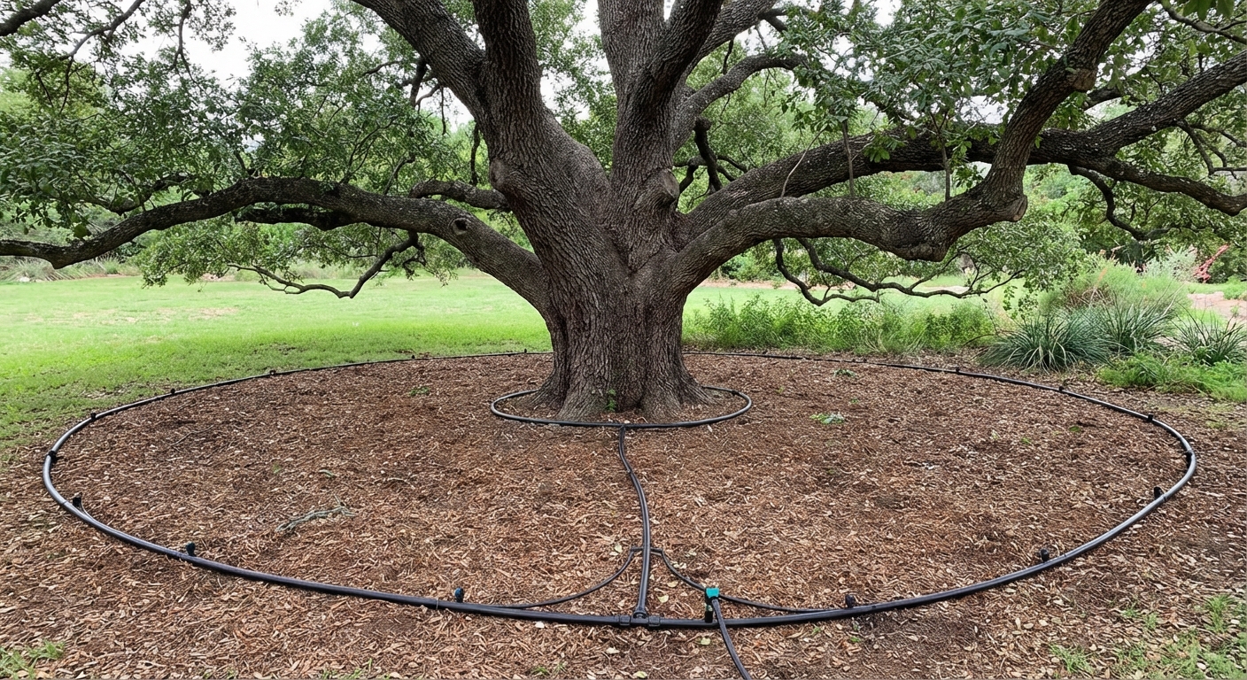 Drip irrigation installed for landscaping under oak tree with mulch ring in DFW yard
