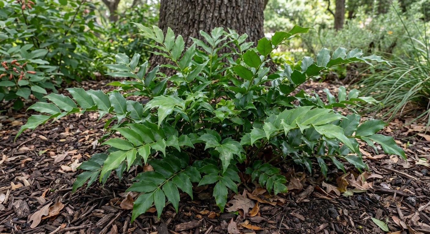 Holly fern for landscaping under oak trees — glossy evergreen fronds on mulch