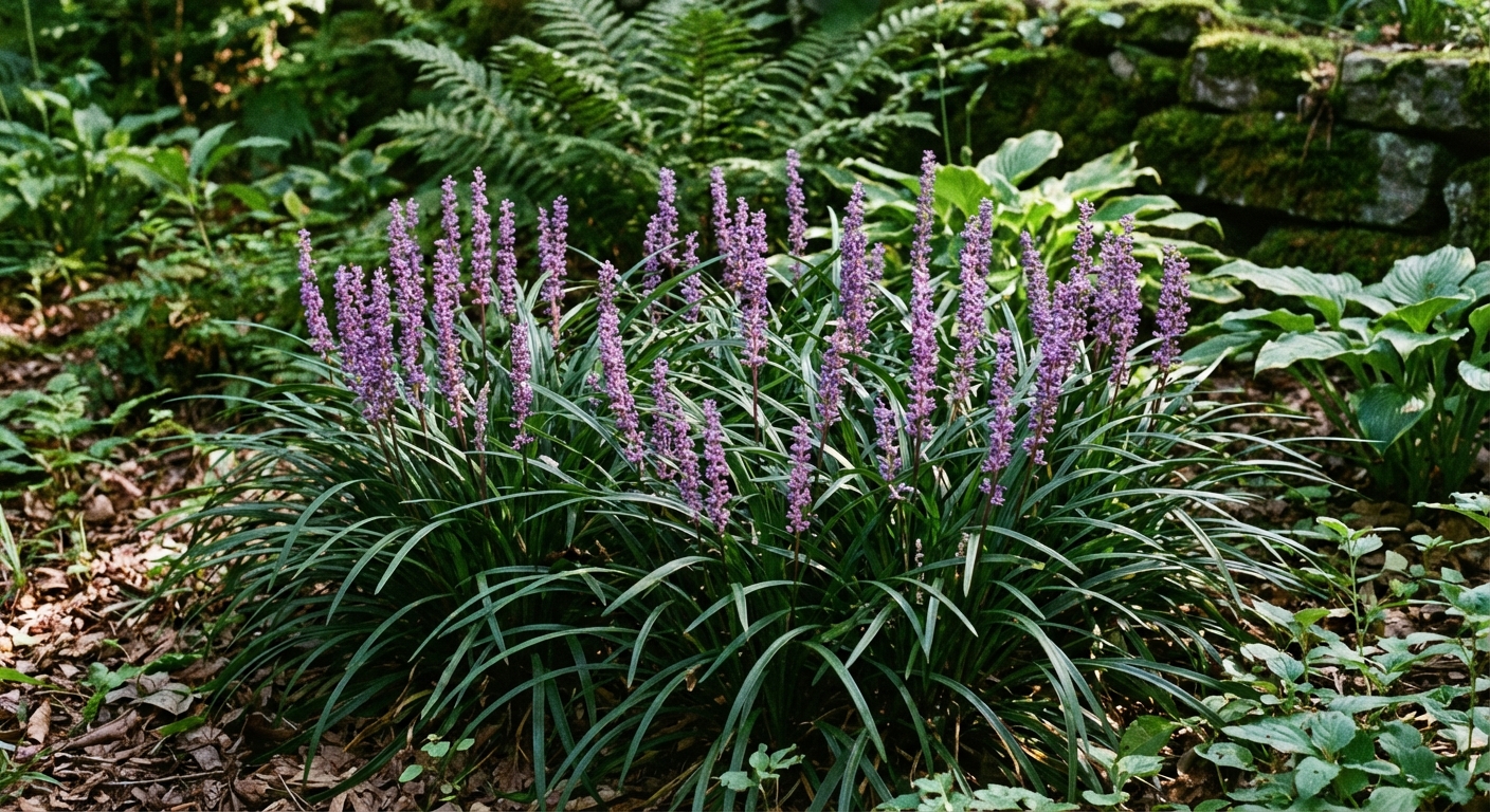 Liriope ground cover under oak shade with purple flower spikes in summer