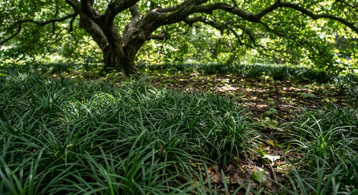 Mondo grass ground cover under oak tree forming dense carpet in shade