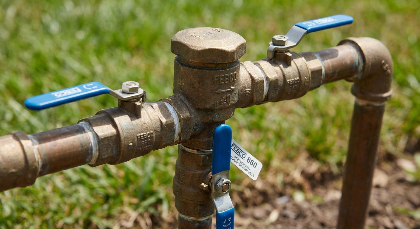 Brass backflow preventer with blue ball valve handles in the open position on an irrigation system