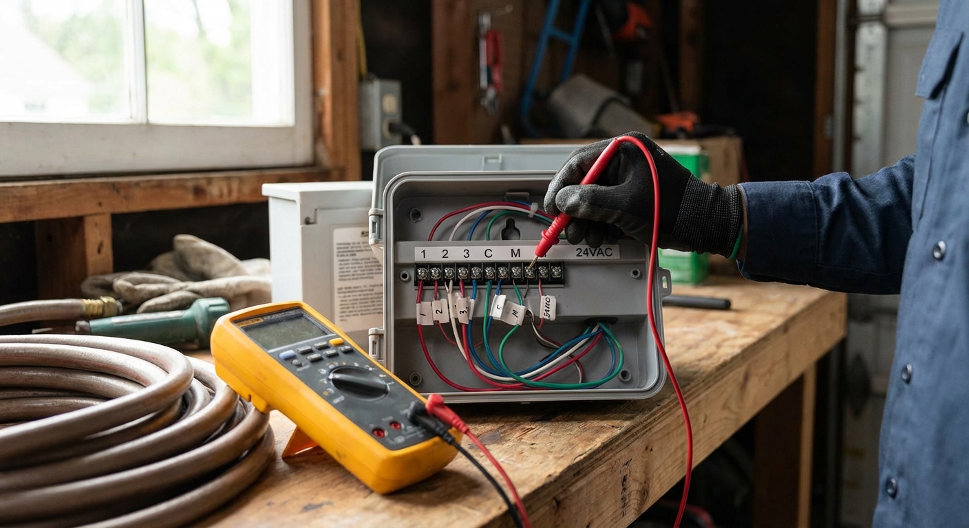Technician testing irrigation controller terminal strip with a Fluke multimeter, colored field wires connected to numbered terminals