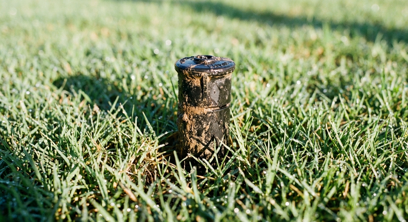 Sprinkler head stuck at ground level in bermuda grass lawn, nozzle visible but riser not extended
