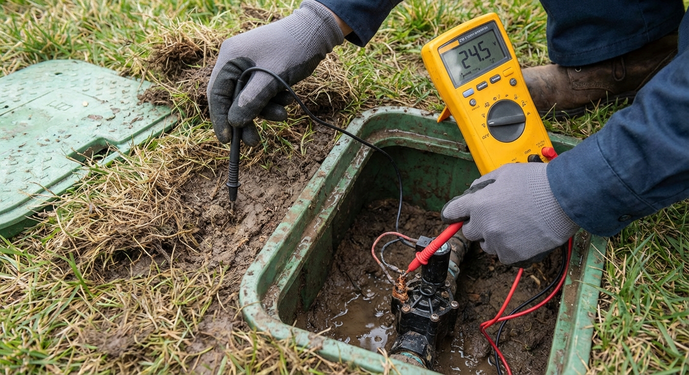 Technician testing voltage at an irrigation valve box with a multimeter reading 24.5 volts, one probe in the soil and one on the solenoid wire