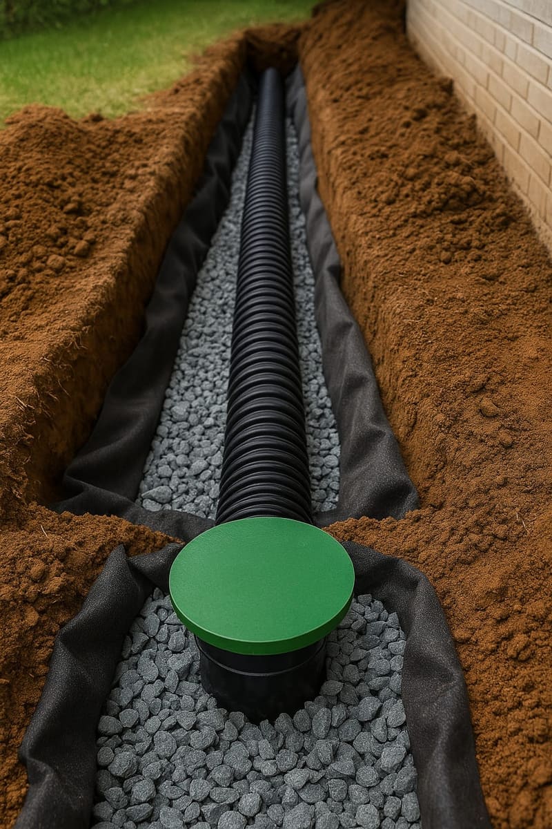 Corrugated drainage pipe laid in gravel trench during French drain installation in Dallas