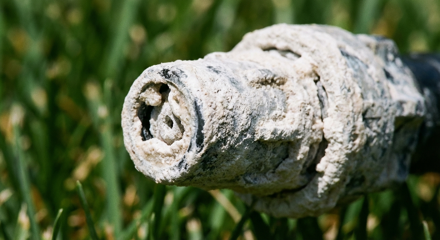 Sprinkler nozzle encrusted with white calcium scale deposits from Lake Ray Hubbard hard water