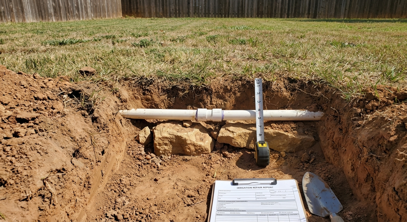 Shallow PVC irrigation pipe exposed over sandstone rock formation in a Rockwall TX yard