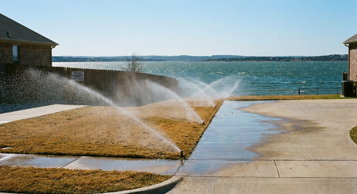 Sprinkler spray being blown sideways by wind on a lakefront property near Lake Ray Hubbard